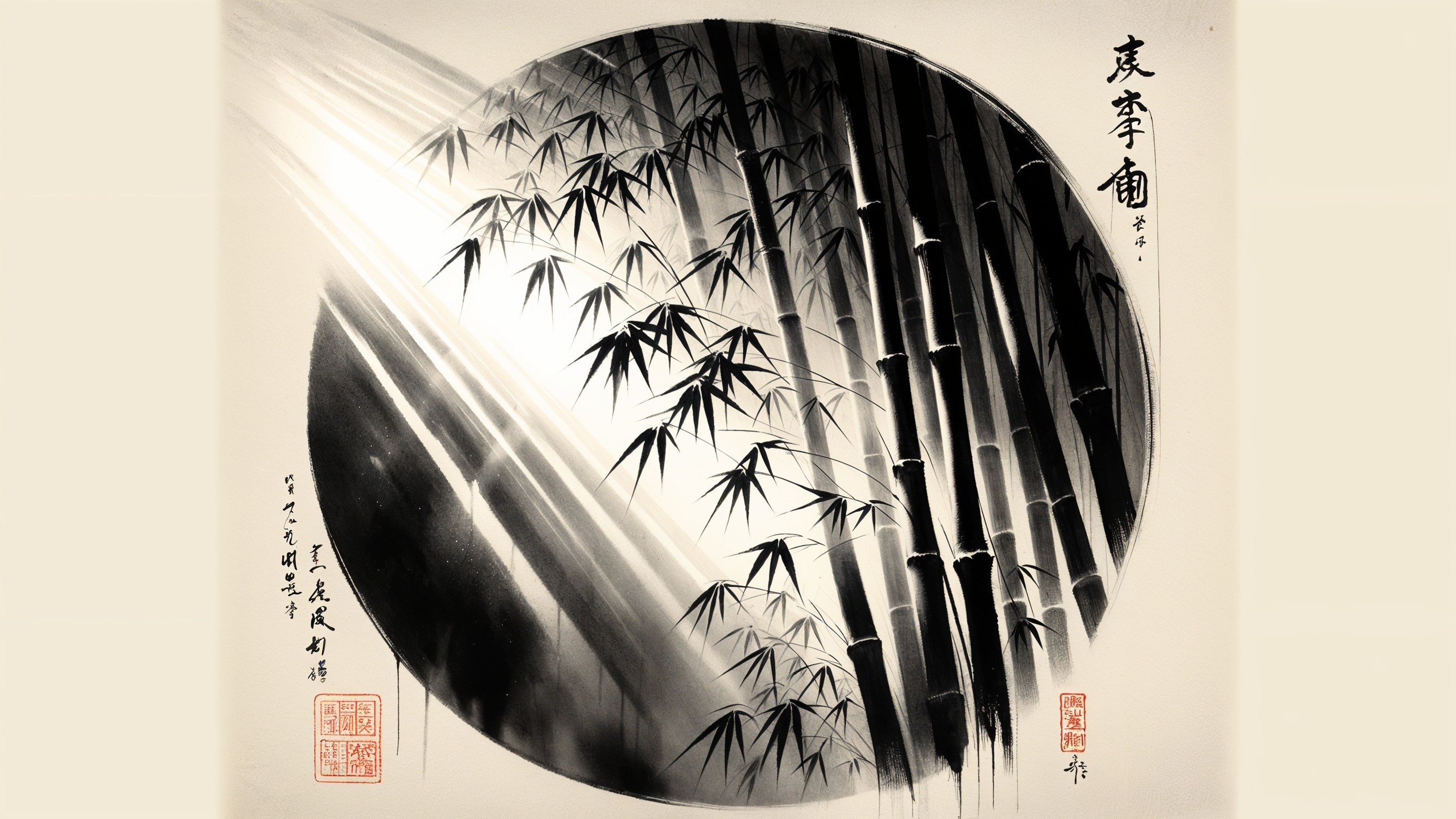 Black-and-White Bamboo Painting with Calligraphy