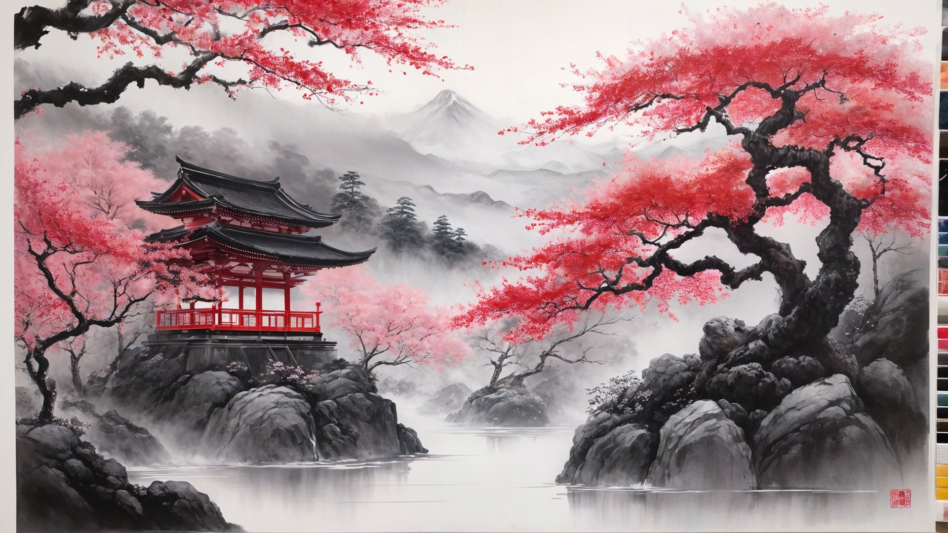 Traditional Japanese Landscape with Pagoda and Cherry Trees