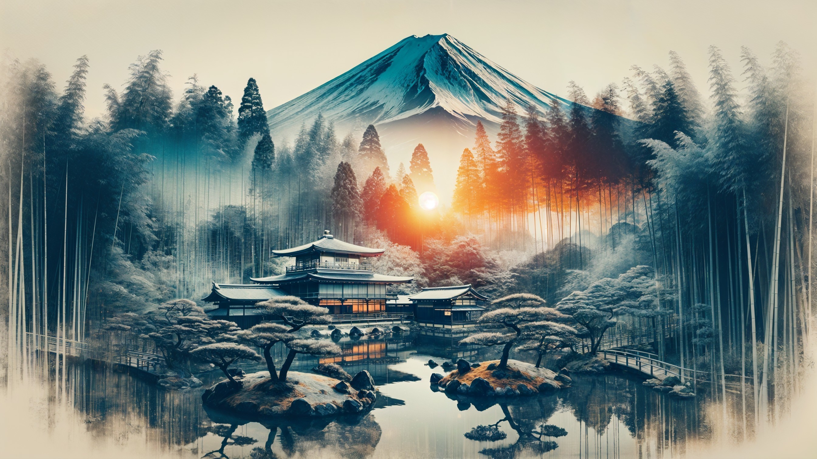 Serene Japanese Landscape with Villa and Mount Fuji