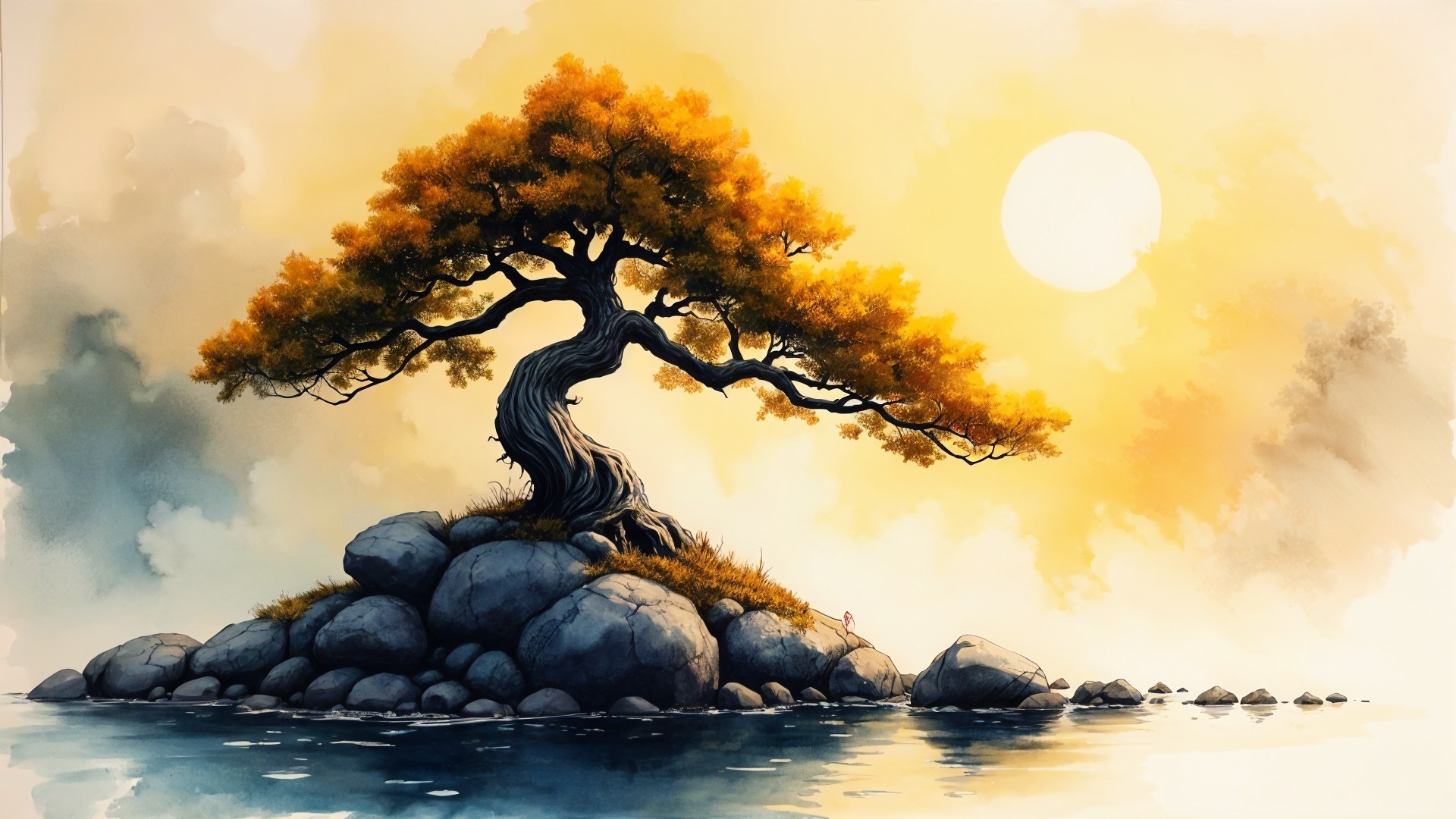 Serene Autumn Landscape with Tree and Reflective Waters