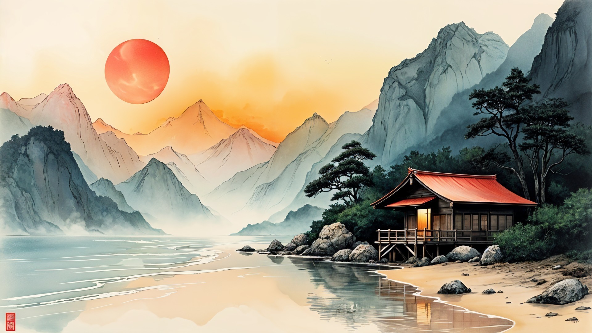 Tranquil Beach Landscape with Wooden House and Mountains