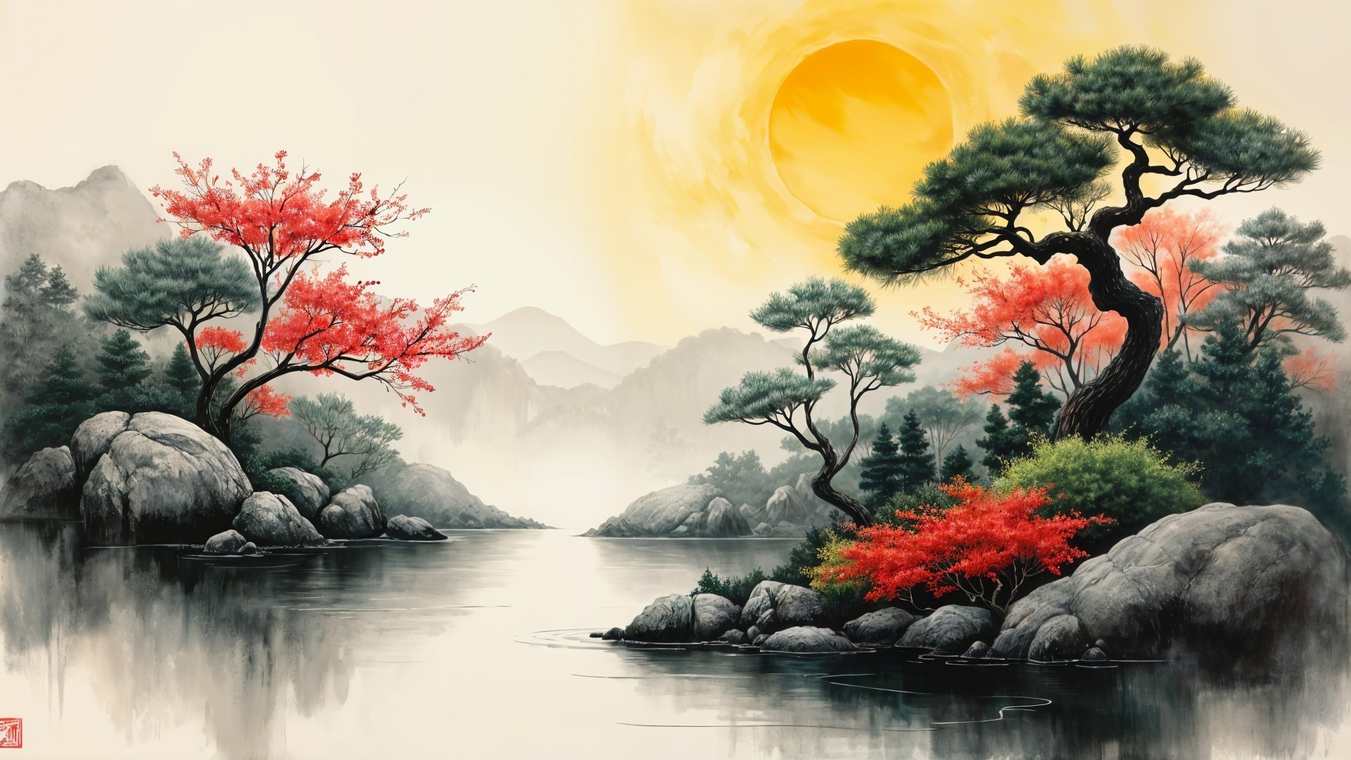 Tranquil River Landscape with Autumn Colors and Mist