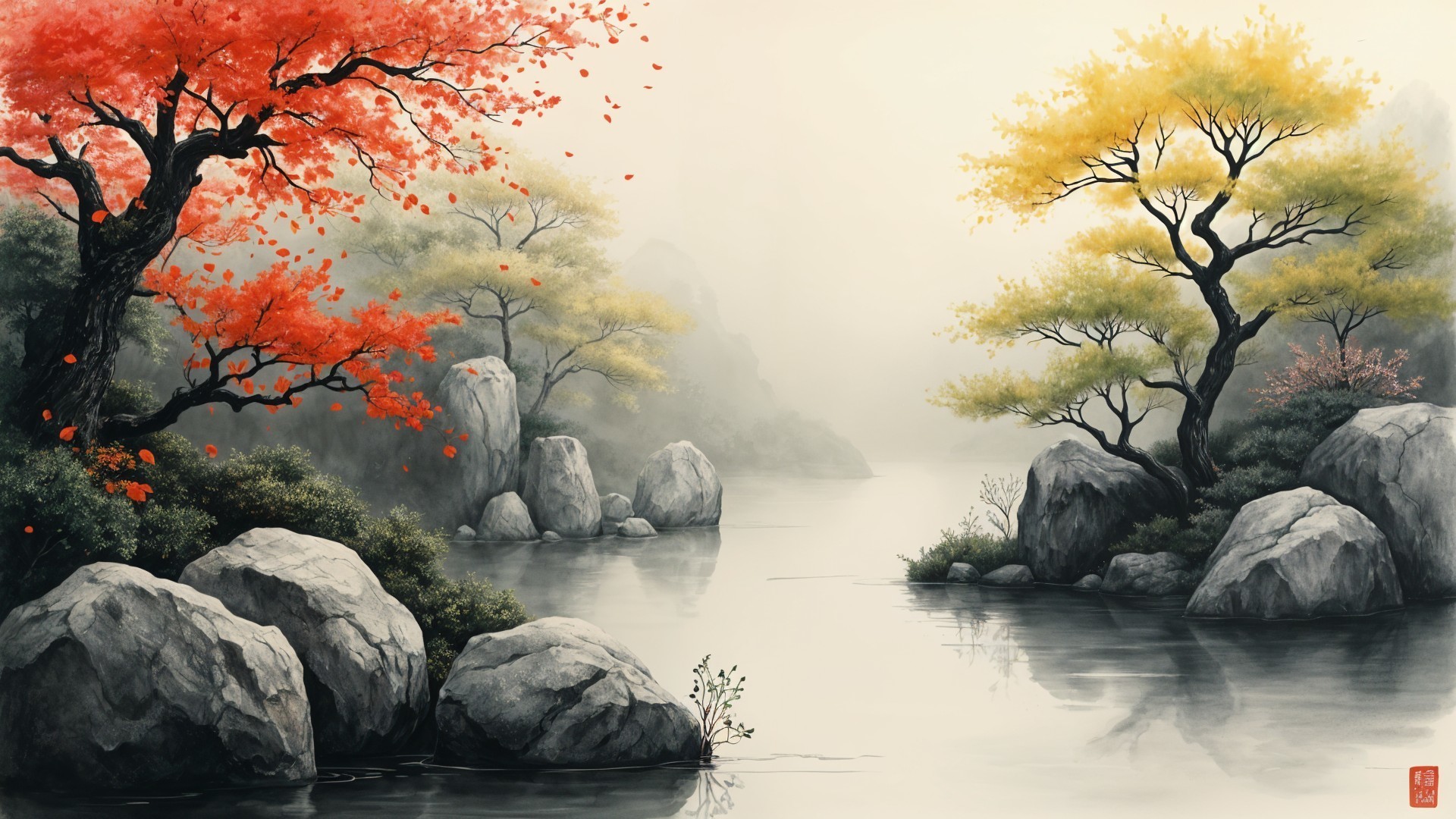 Serene Autumn Landscape with River and Misty Hills