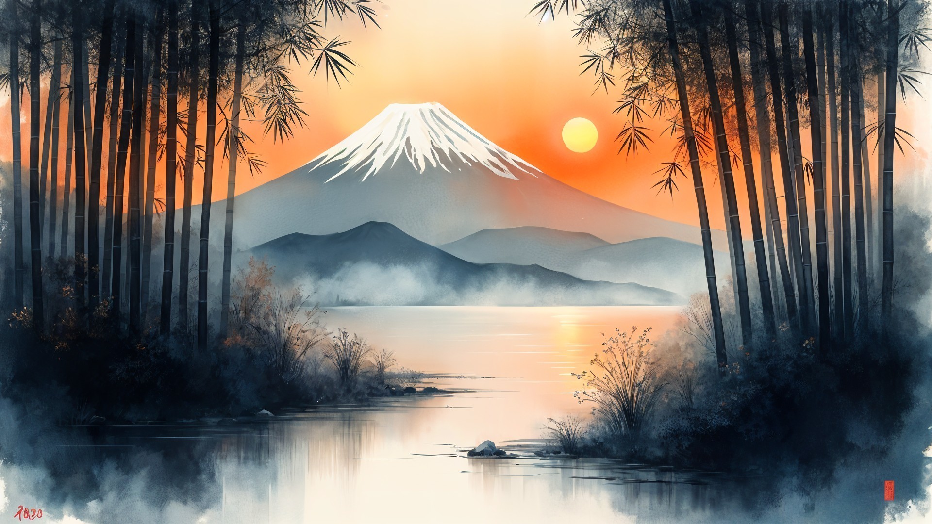 Serene landscape with Mount Fuji at sunset
