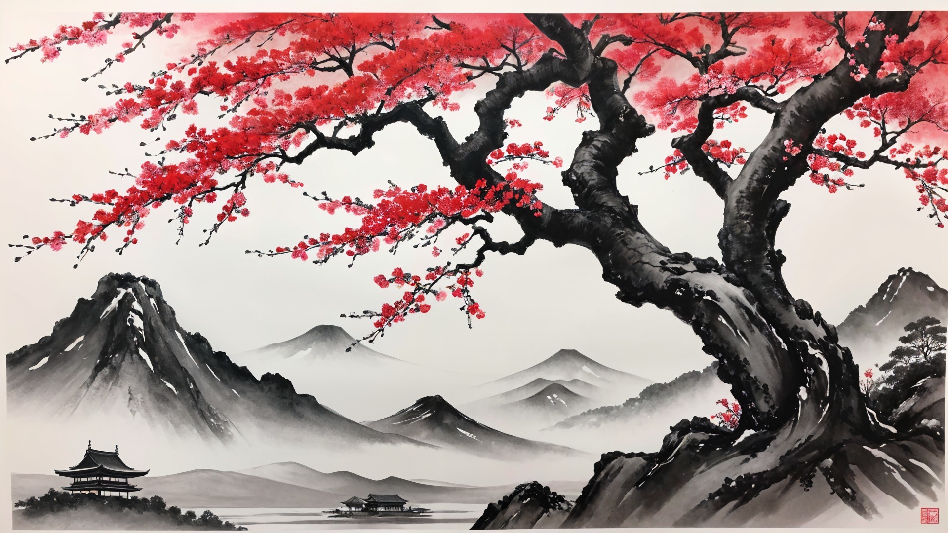 Cherry Tree Landscape with Mountains and Pagodas
