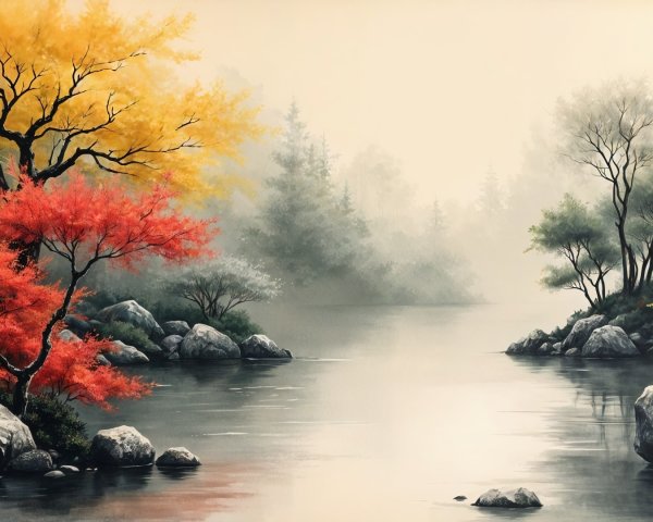 Tranquil Landscape with Water and Autumn Foliage