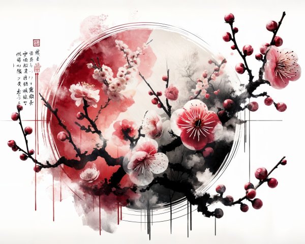 Cherry Blossoms with Dark Branches and Calligraphy
