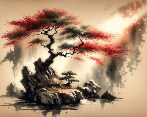 Bonsai Tree Illustration with Red Leaves and Rocks