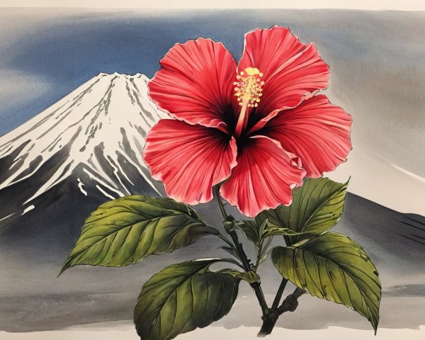 Vibrant red hibiscus flower with snow-capped mountain
