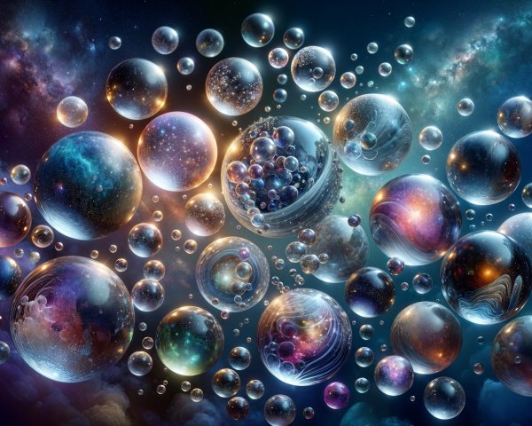 Colorful Cosmic Scene with Bubbles and Galaxies