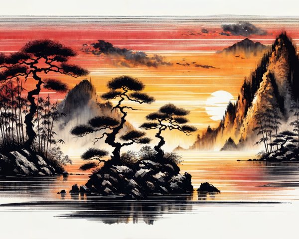 Serene Landscape with Twisted Trees and Sunset Reflections
