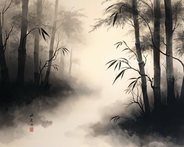Bamboo Forest in Mist: A Serene Landscape Scene