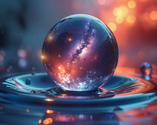 Reflective Orb Above Shimmering Surface with Galaxy