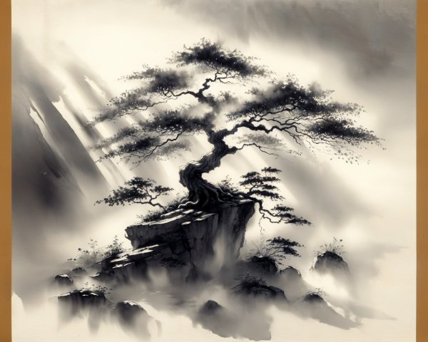 Monochromatic Landscape with Majestic Tree and Fog