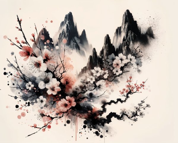 Cherry Blossoms with Dark Branches and Misty Mountains