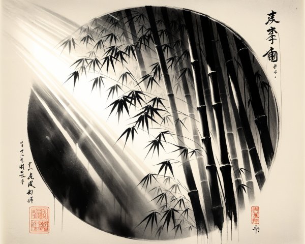 Black-and-White Bamboo Painting with Calligraphy