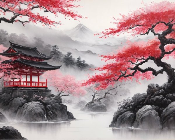 Traditional Japanese Landscape with Pagoda and Cherry Trees