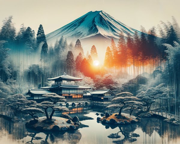 Serene Japanese Landscape with Villa and Mount Fuji