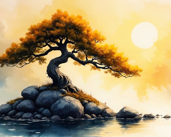 Serene Autumn Landscape with Tree and Reflective Waters