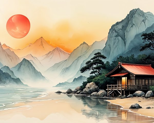 Tranquil Beach Landscape with Wooden House and Mountains