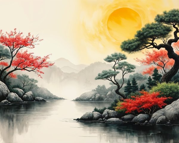Tranquil River Landscape with Autumn Colors and Mist