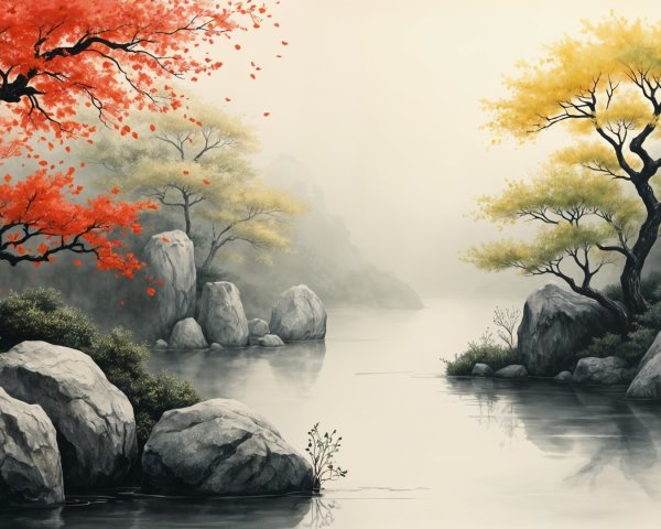 Serene Autumn Landscape with River and Misty Hills