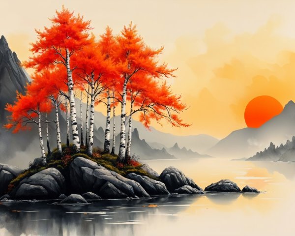 Serene Landscape with Rocky Island and Sunset Reflection