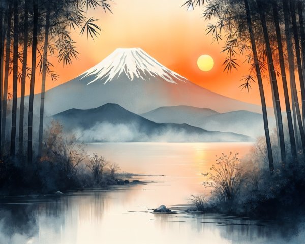 Serene landscape with Mount Fuji at sunset