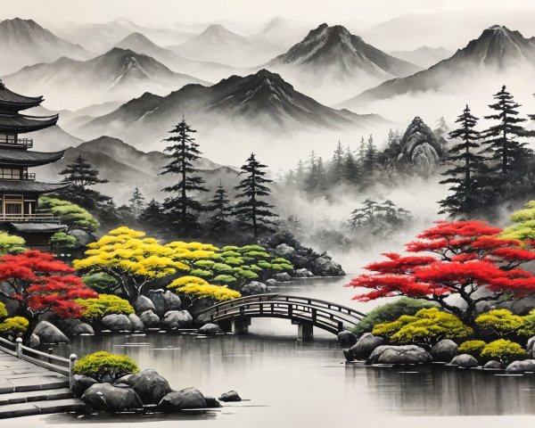 Tranquil Landscape with River and Pagoda in Mountains