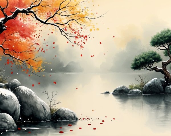 Serene landscape with red and green trees by a lake