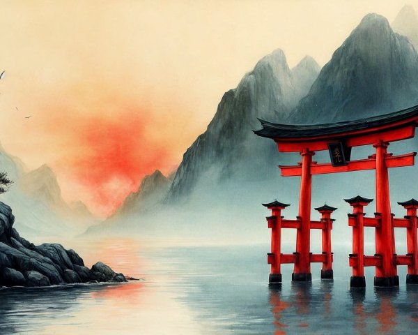 Traditional Japanese Torii Gate in Serene Landscape