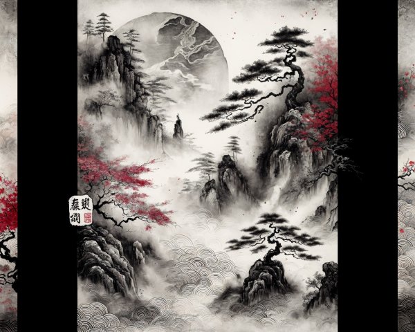 Serene Traditional Landscape with Mountains and Moon
