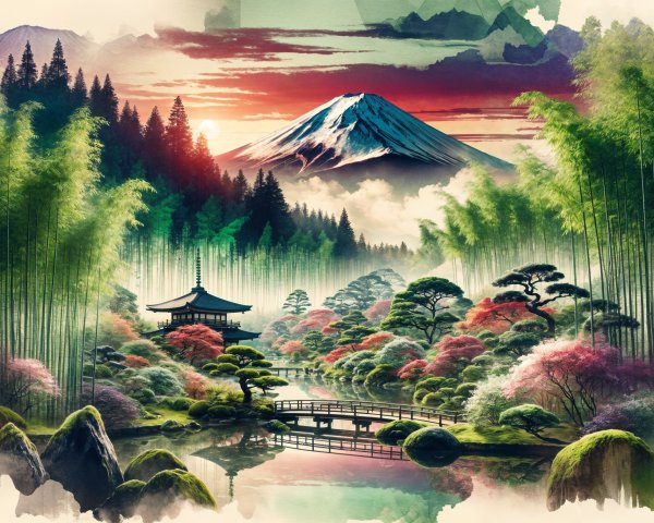 Traditional Japanese Garden with Bridge and Mountain View