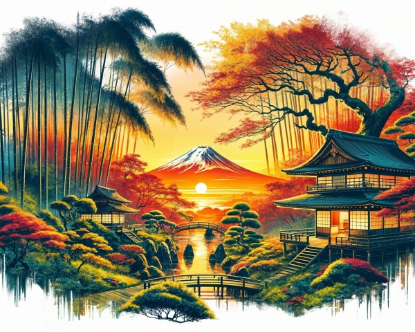 Serene Japanese Landscape with Autumn Foliage and Fuji