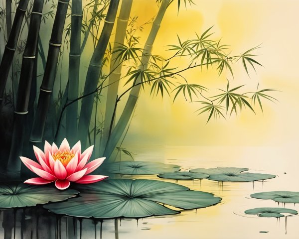 Serene Landscape with Pink Lotus and Bamboo Stalks