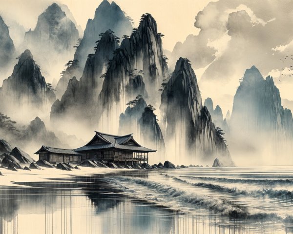 Serene Asian Landscape with Beach and Mountains