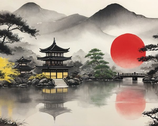 Tranquil Lake Landscape with Pagodas and Mountains