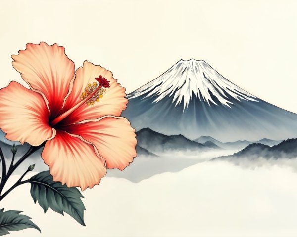 Vibrant Hibiscus Flower with Snow-Capped Mountain Background