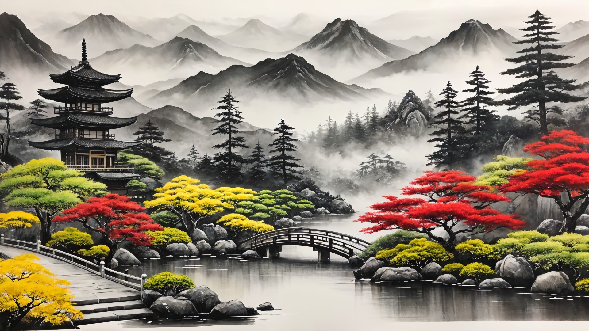Tranquil Landscape with River and Pagoda in Mountains
