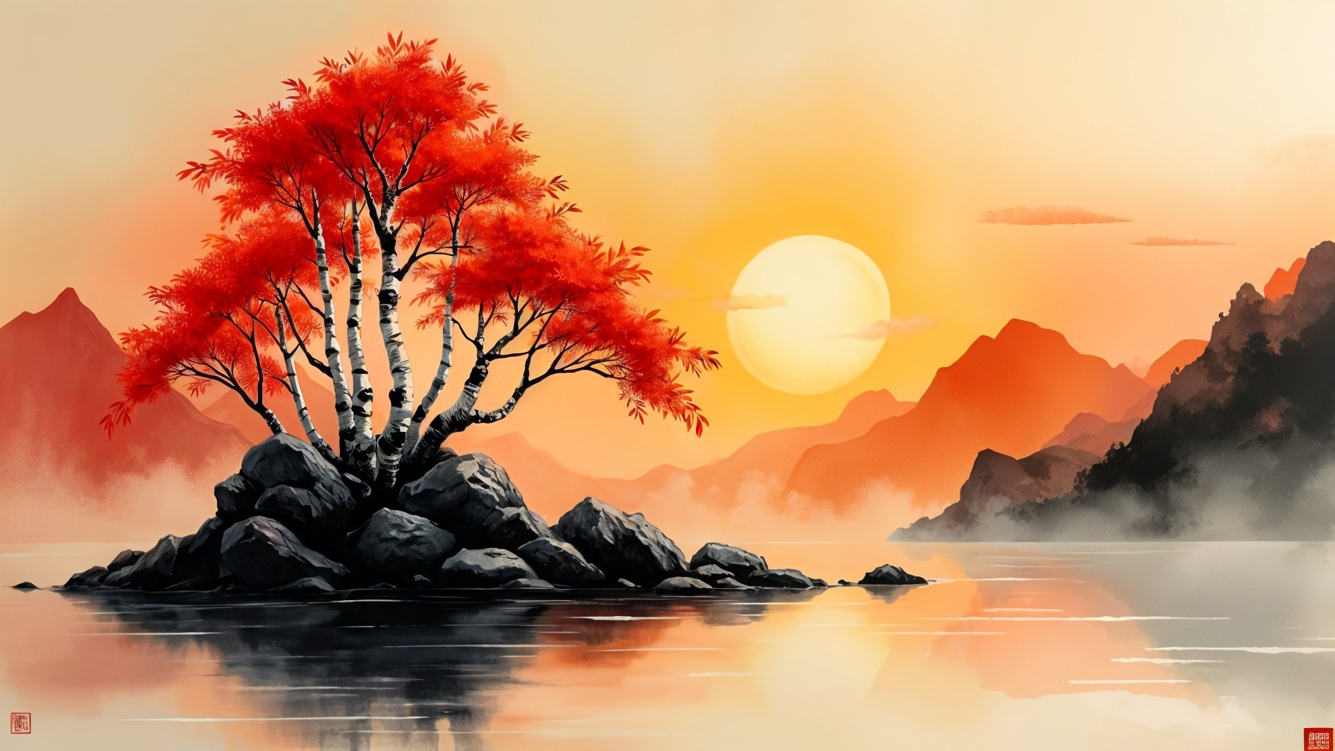 Tranquil Landscape with Red-Leaved Tree at Sunset