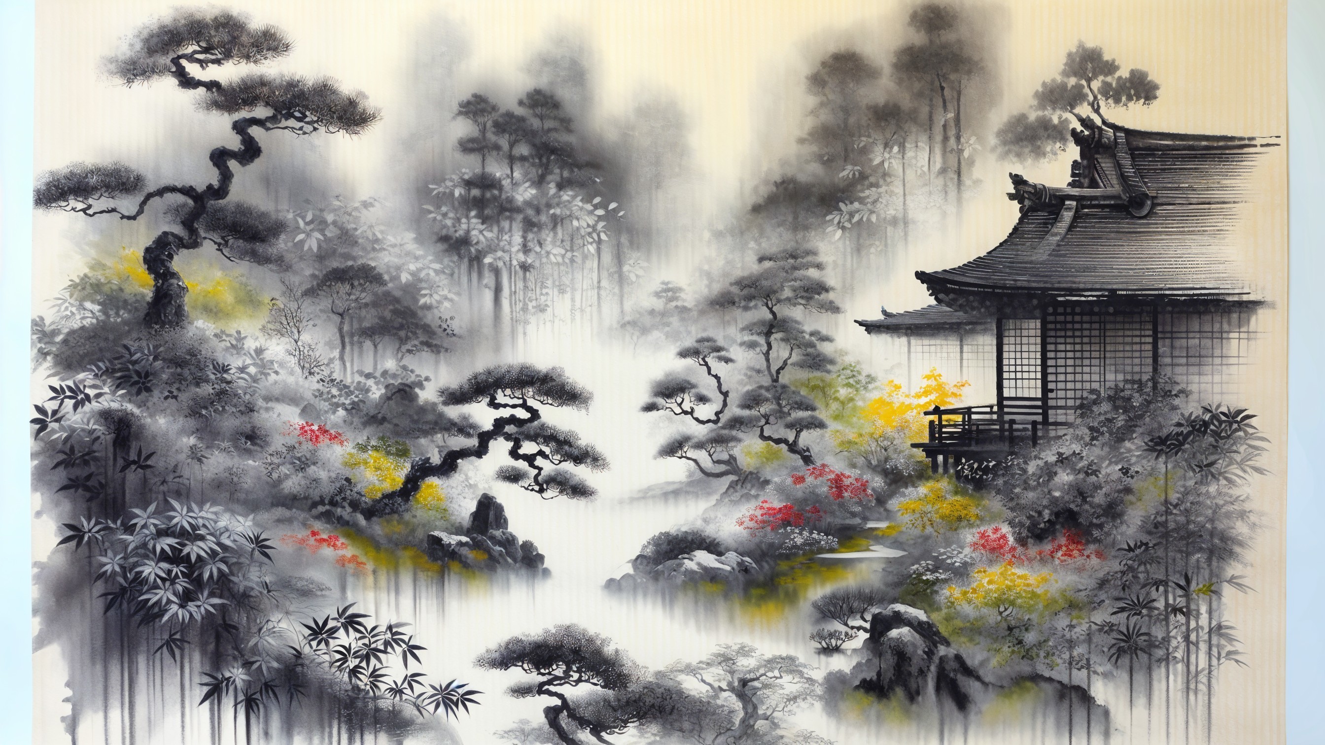 Serene East Asian Landscape with Misty Mountains
