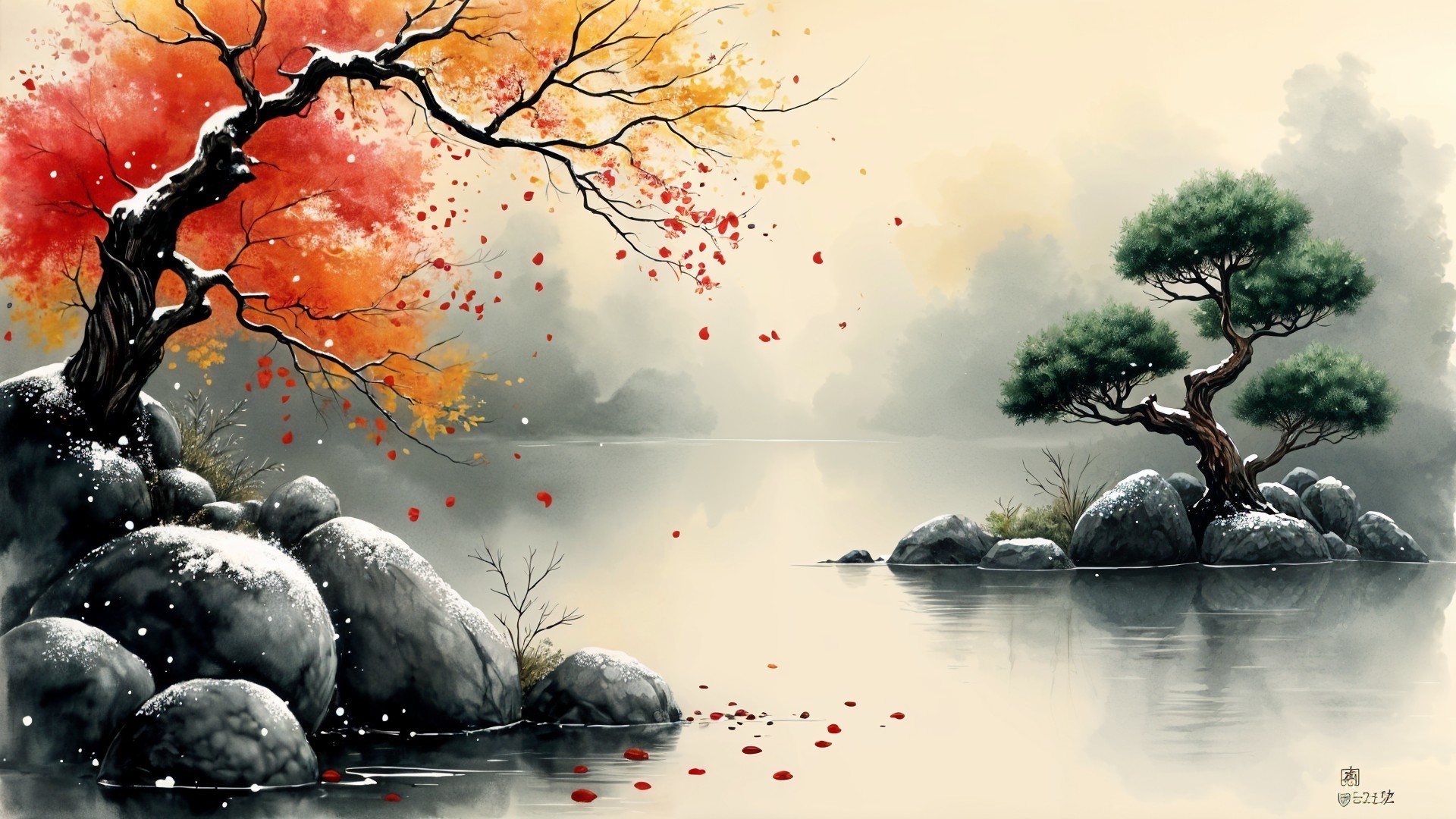 Serene landscape with red and green trees by a lake