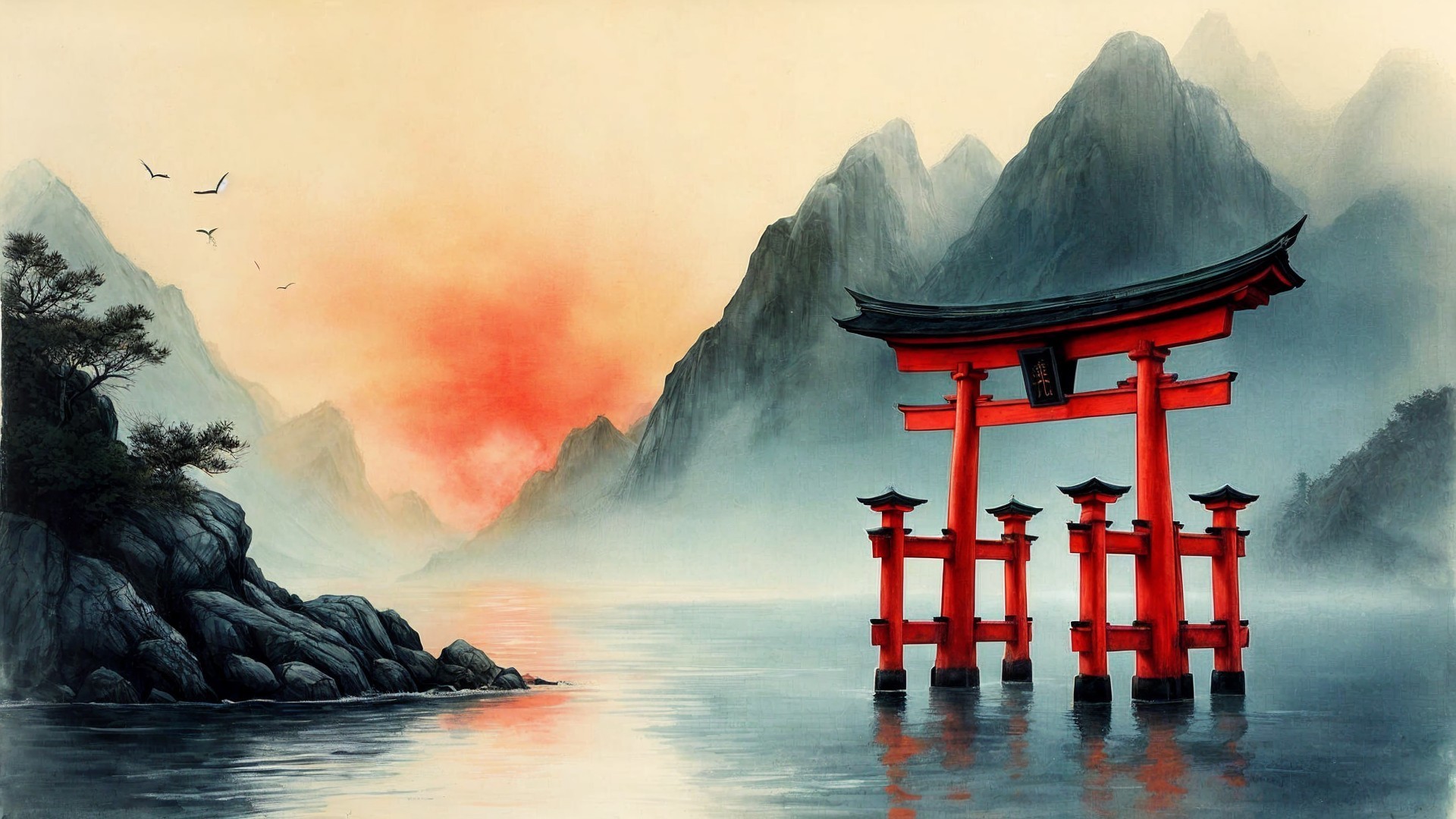 Traditional Japanese Torii Gate in Serene Landscape