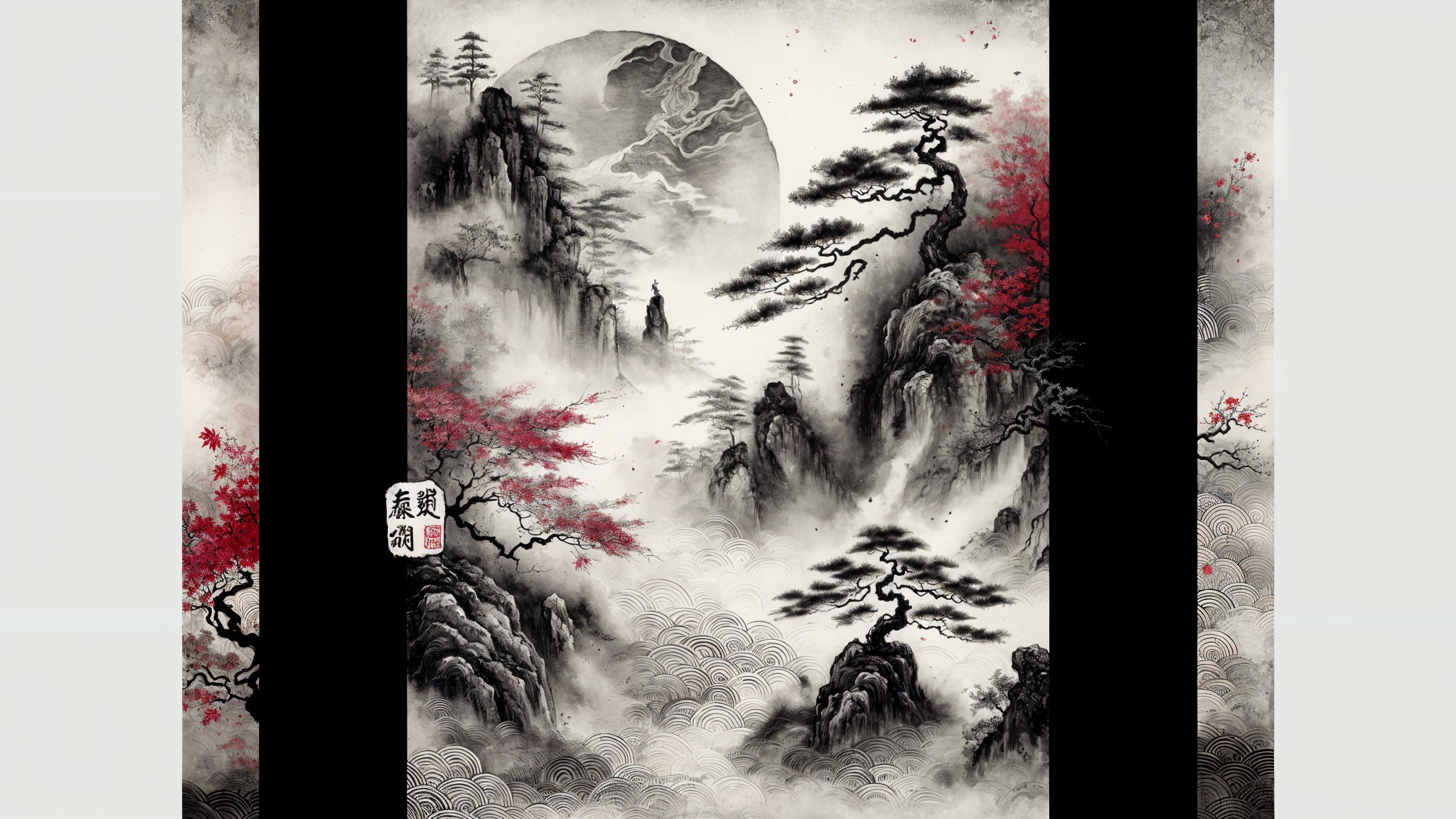 Serene Traditional Landscape with Mountains and Moon