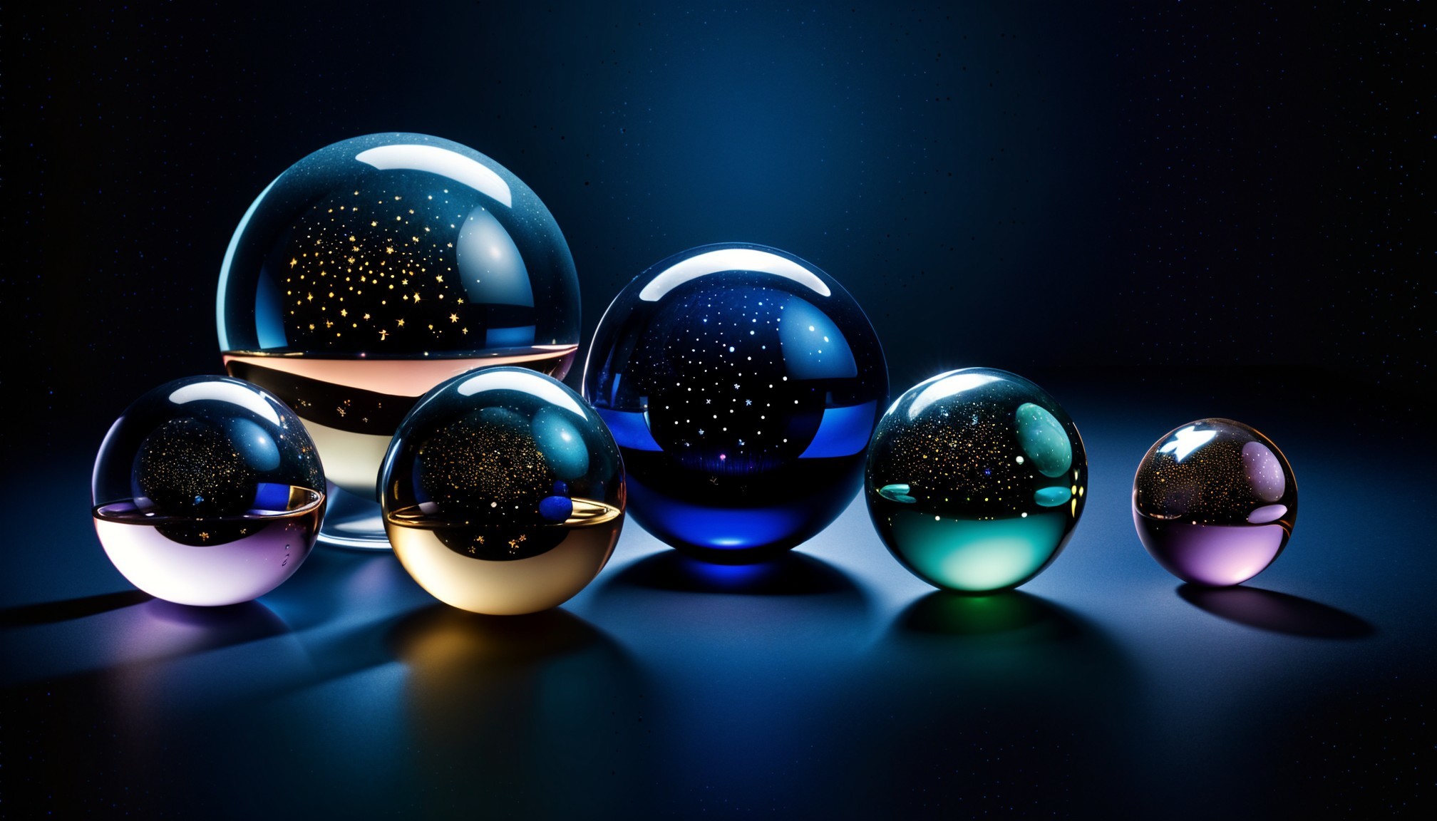 Colorful Glass Spheres with Stars on Dark Background