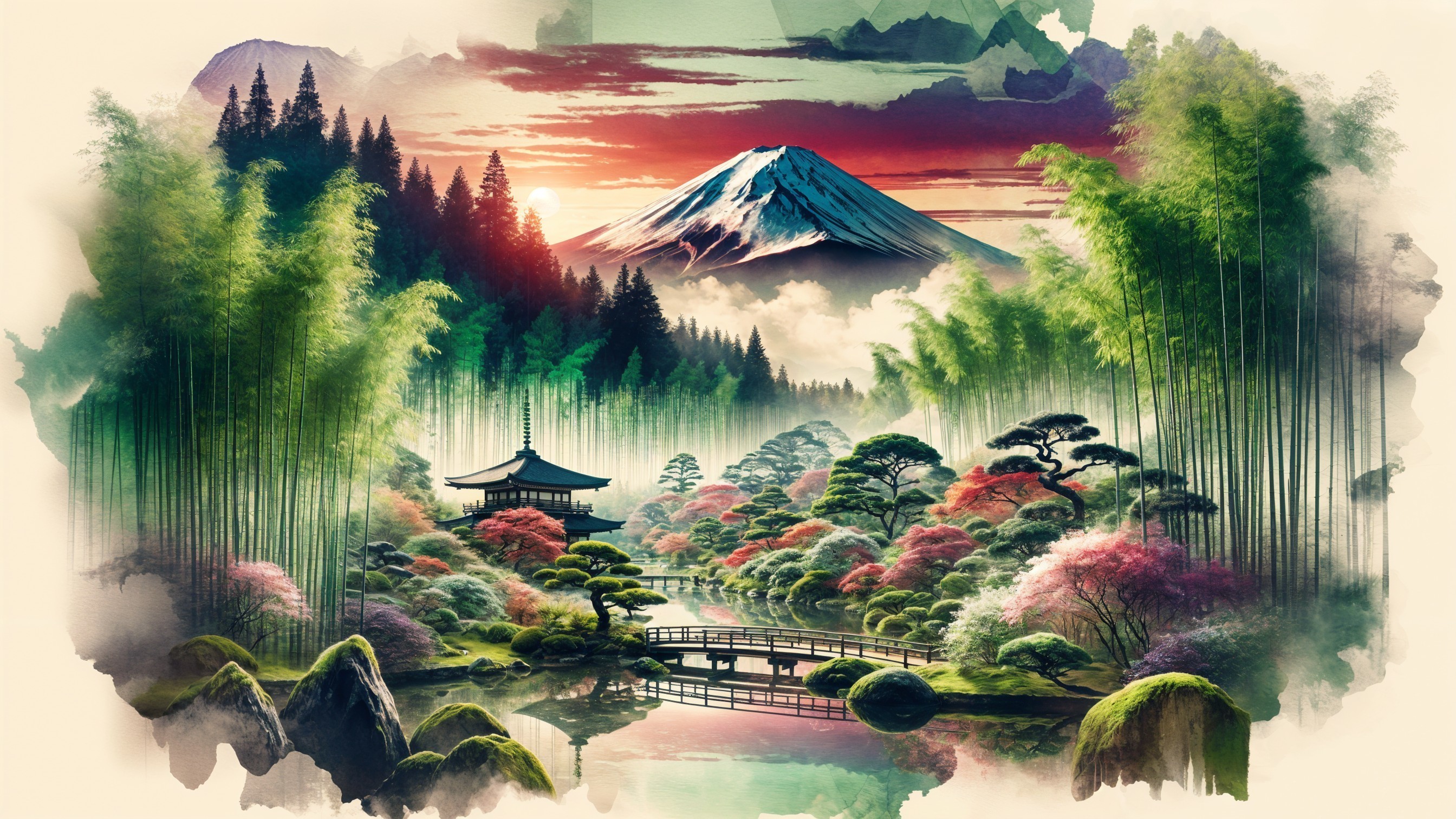 Traditional Japanese Garden with Bridge and Mountain View