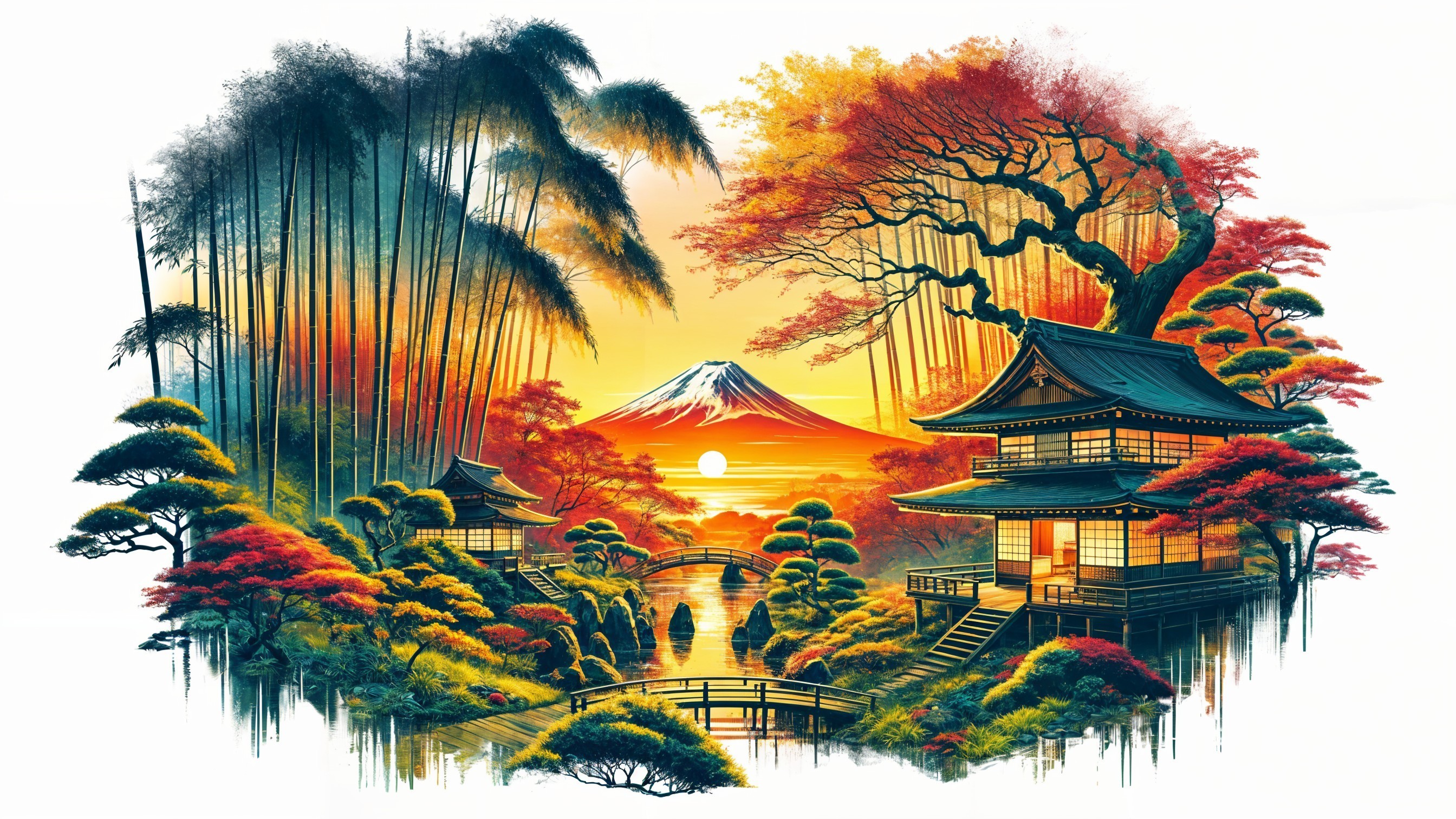 Serene Japanese Landscape with Autumn Foliage and Fuji