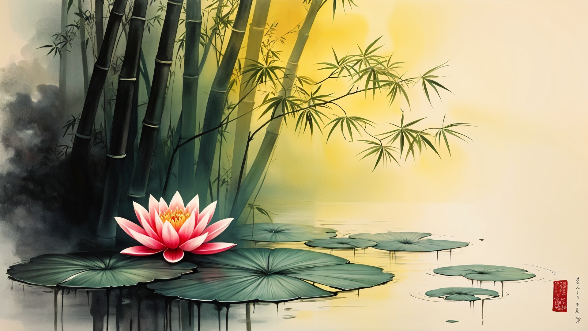 Serene Landscape with Pink Lotus and Bamboo Stalks