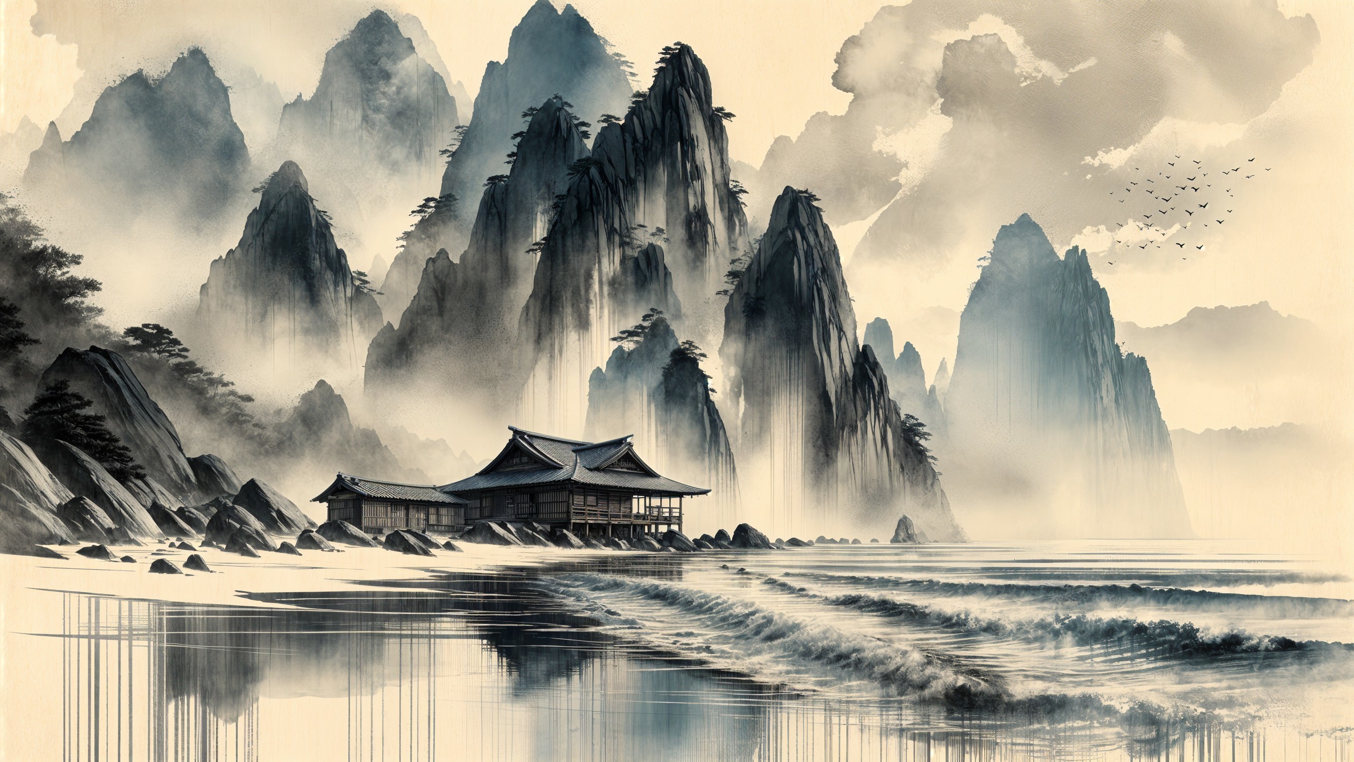 Serene Asian Landscape with Beach and Mountains