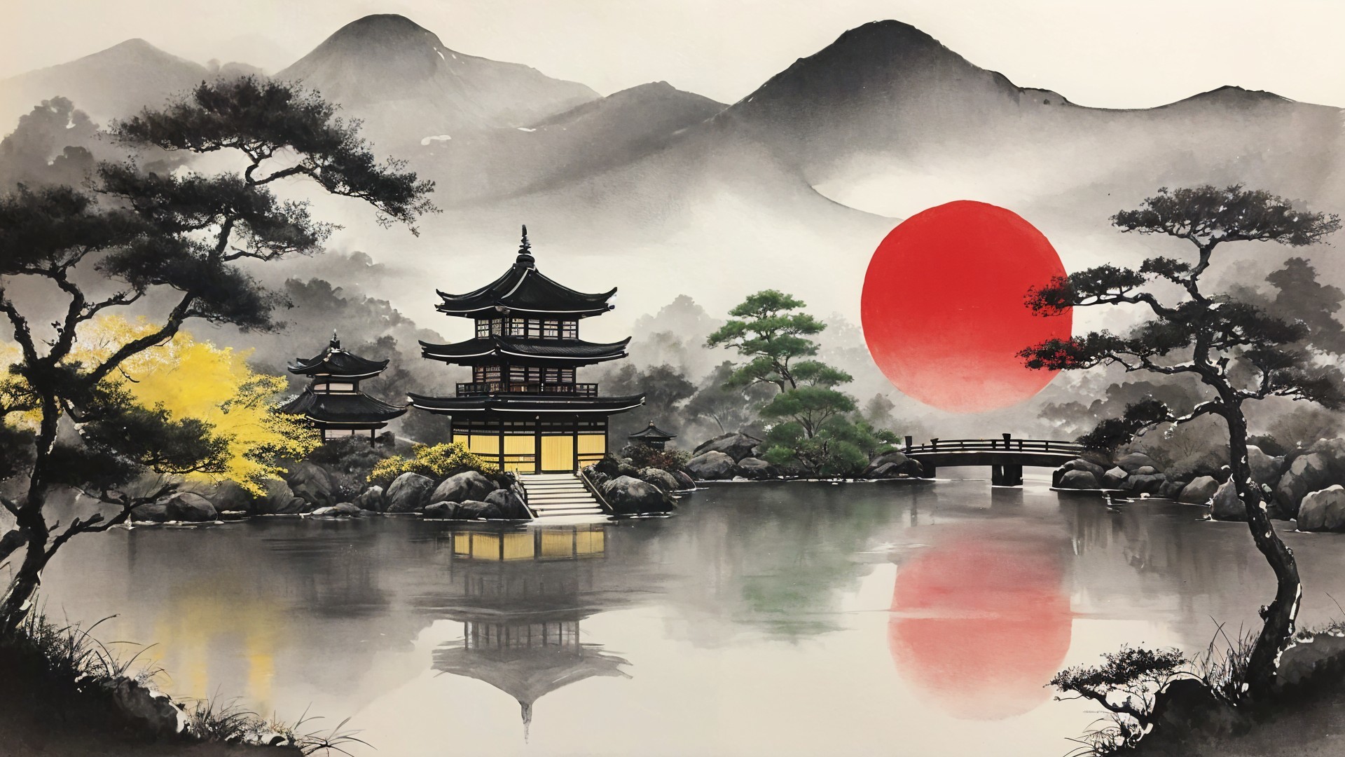 Tranquil Lake Landscape with Pagodas and Mountains